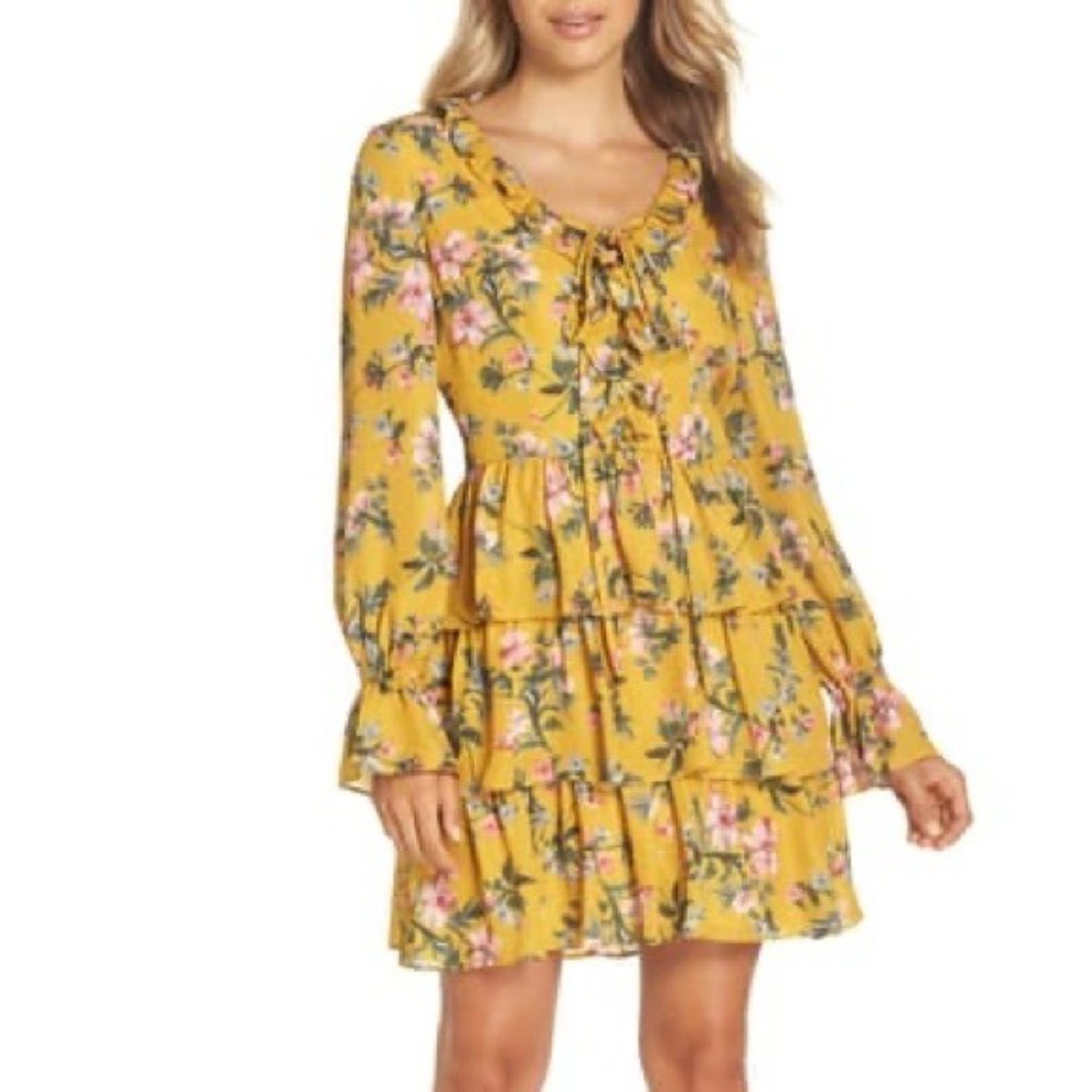 Avec Les Filles Tiered Satin Ruffle Dress, Multi Yellow Gold Size 6 Retail $158
